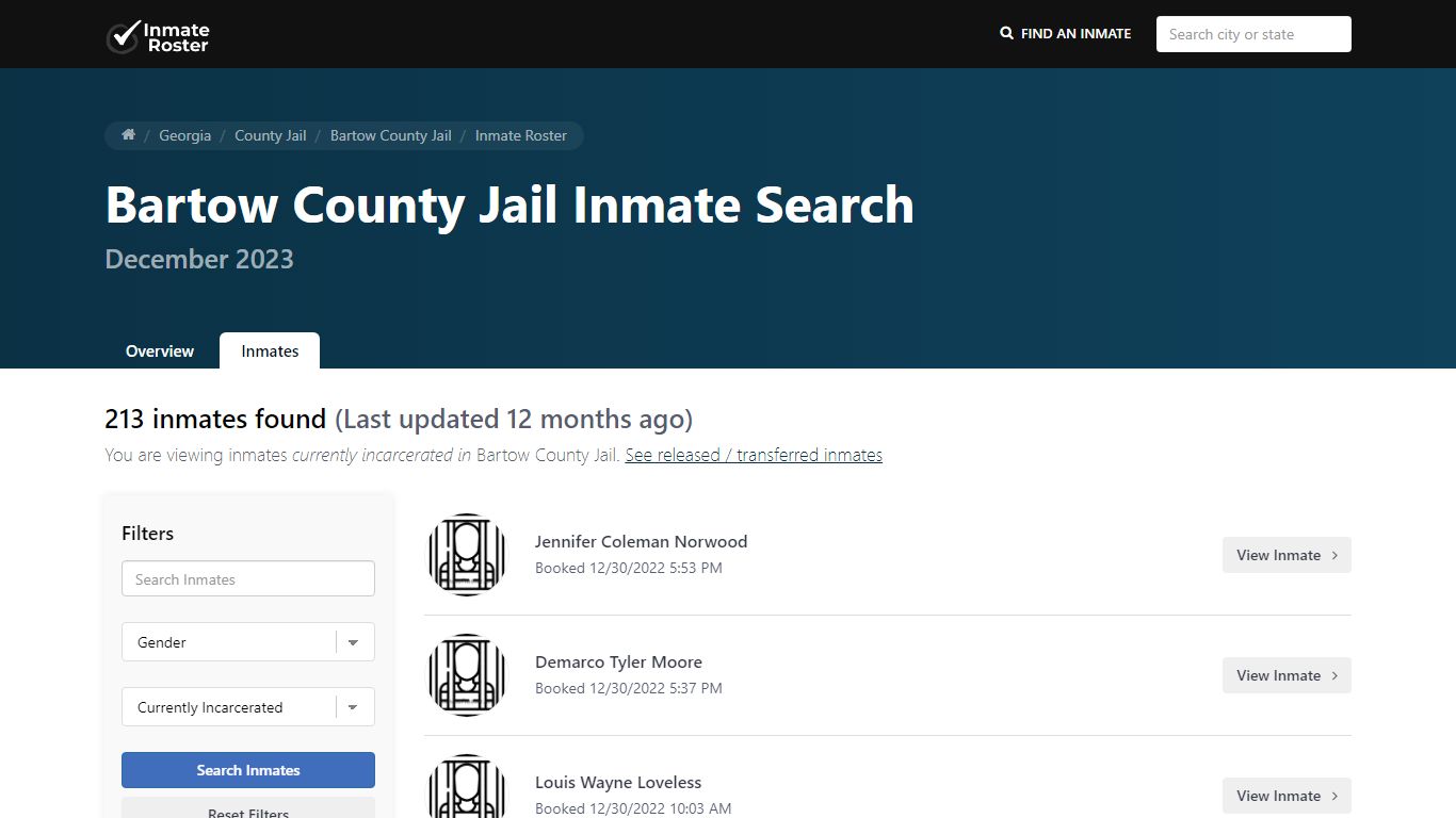 Current Inmate Roster for Today | Bartow County Jail